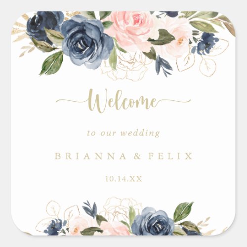 Navy Blush Floral Gold Wedding Welcome Square Sticker