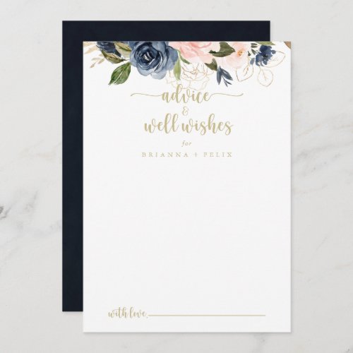 Navy Blush Floral Gold Wedding Well Wishes  Advice Card