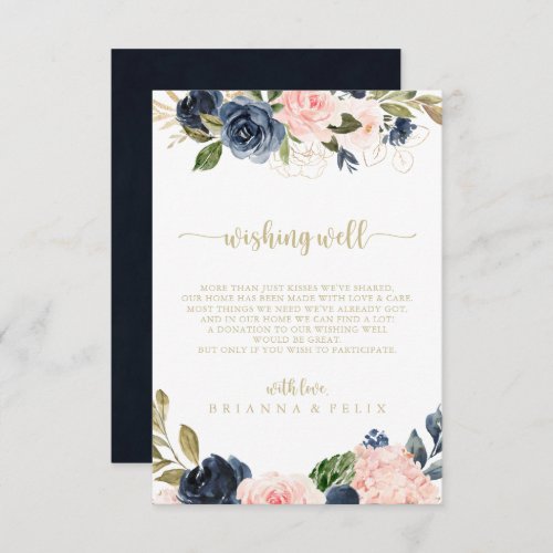 Navy Blush Floral Gold Wedding Wishing Well Enclosure Card