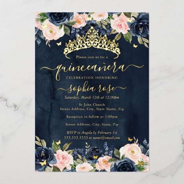 Navy Blush Floral Golden Butterfly Quinceanera Foil Invitation (Front)