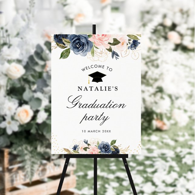 Navy blush floral graduation party sign (Creator Uploaded)