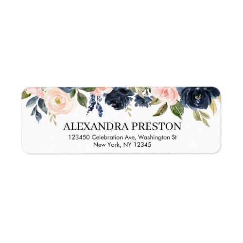 Navy Blush Floral Greenery Botanical Address Label