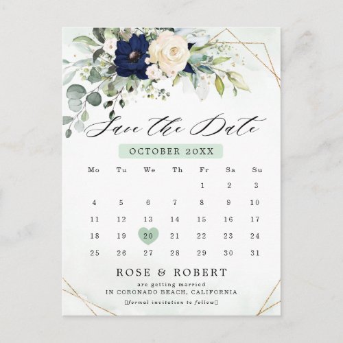 Navy Blush Floral Greenery Calendar Save the Date Postcard