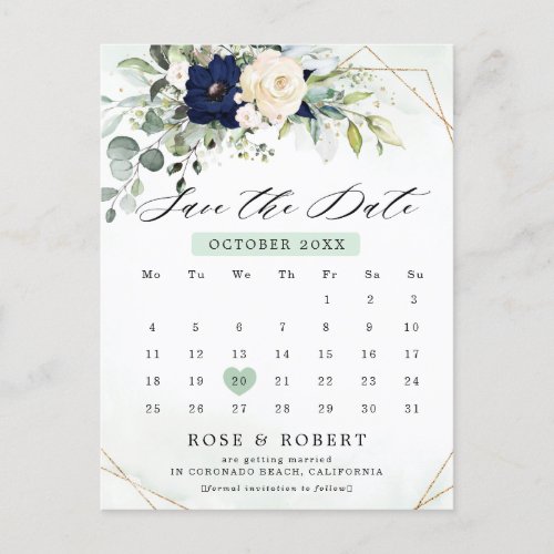 Navy Blush Floral Greenery Geometric Save the date Announcement Postcard
