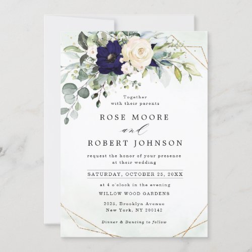 Navy Blush Floral Greenery Geometric Wedding Invitation