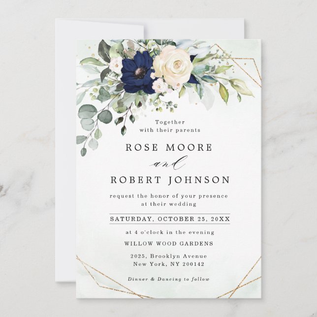 Navy Blush Floral Greenery Geometric Wedding Invitation (Front)