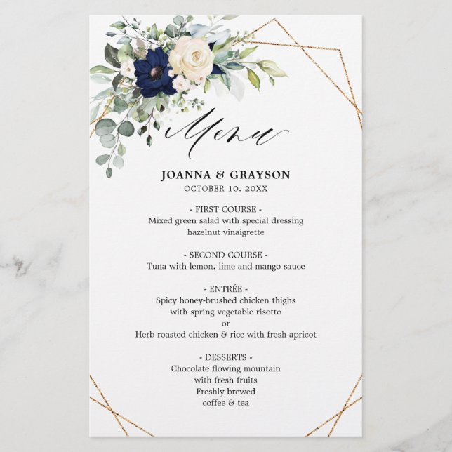 Navy Blush Floral Greenery Geometric Wedding Menu (Front)