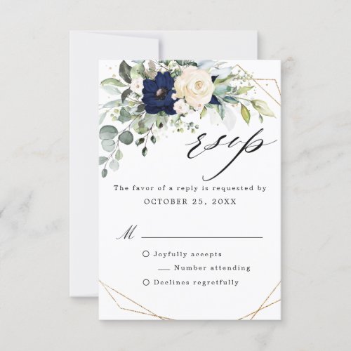 Navy Blush Floral Greenery Geometric Wedding RSVP Card