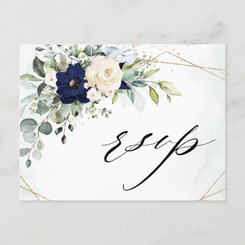 Navy Blush Floral Greenery Geometric Wedding RSVP Postcard