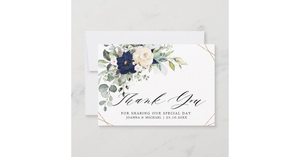 Navy Blush Floral Greenery Geometric Wedding Thank You Card | Zazzle