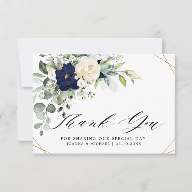 Navy Blush Floral Greenery Geometric Wedding Thank You Card | Zazzle
