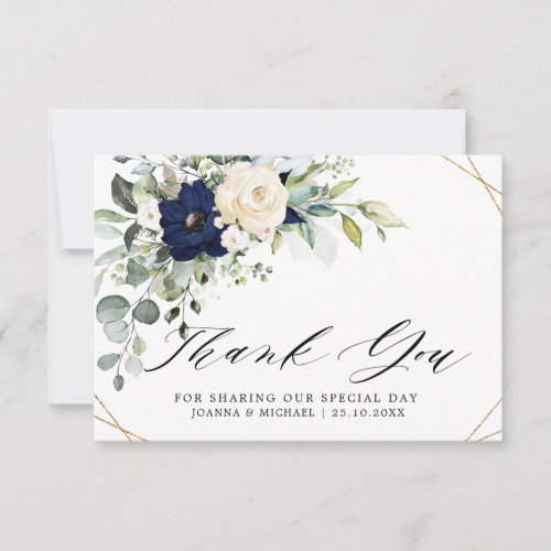 Navy Blush Floral Greenery Geometric Wedding Thank You Card
