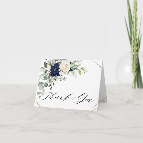 Navy Blush Floral Greenery Geometric Wedding Thank You Card