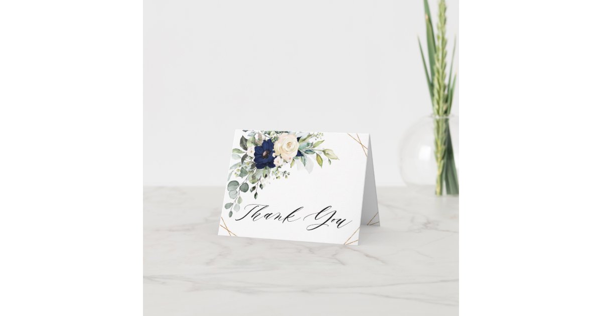 Navy Blush Floral Greenery Geometric Wedding Thank You Card | Zazzle
