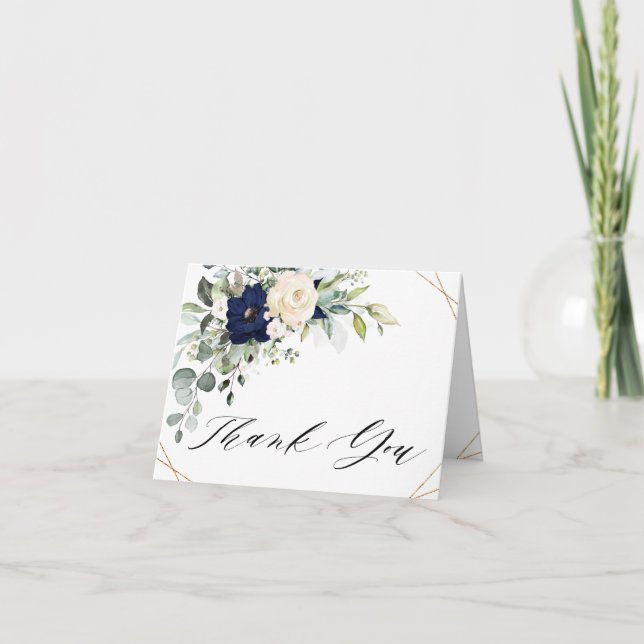Navy Blush Floral Greenery Geometric Wedding Thank You Card (Front)