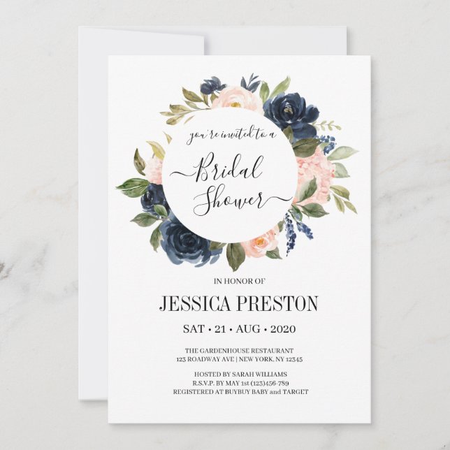 Navy Blush Floral Greenery Leaves Bridal Shower Invitation (Front)