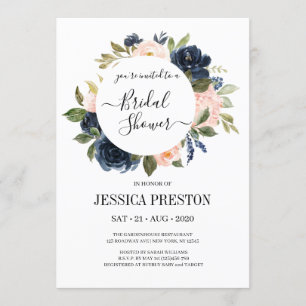 Navy Blush Floral Greenery Leaves Bridal Shower Invitation