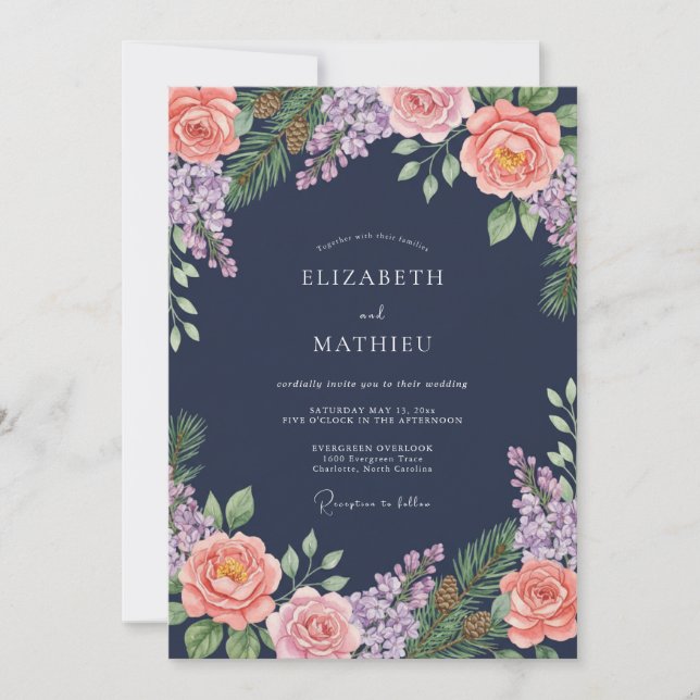 Navy Blush Floral Laurel Wedding Invitation (Front)