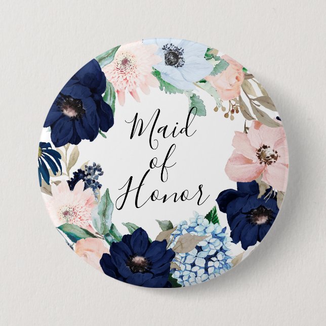Navy & Blush Floral Maid of Honor Button (Front)