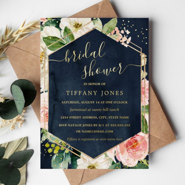 Navy Blush Floral Modern Bridal Shower  Foil Invitation (Creator Uploaded)