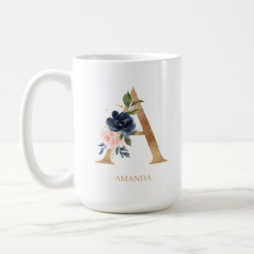 Navy Blush Floral Monogram Letter A Personalized Coffee Mug