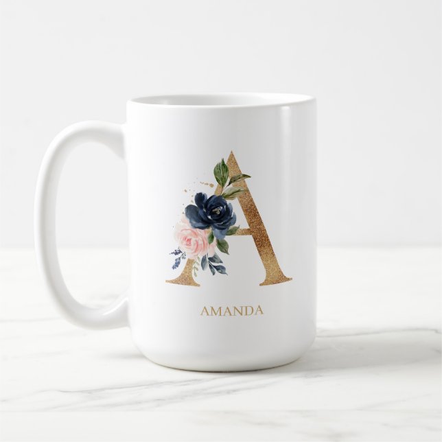 Navy Blush Floral Monogram Letter "A" Personalized Coffee Mug (Left)