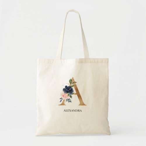 Navy Blush Floral Monogram Letter A Personalized Tote Bag