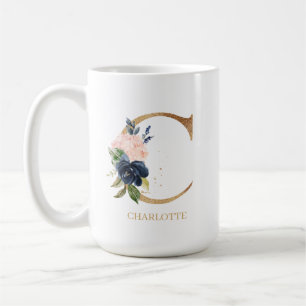 Navy Blush Floral Monogram Letter "C" Personalized Coffee Mug