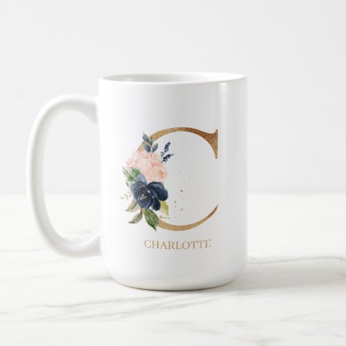 Navy Blush Floral Monogram Letter C Personalized Coffee Mug