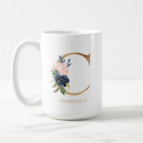 Navy Blush Floral Monogram Letter C Personalized Coffee Mug