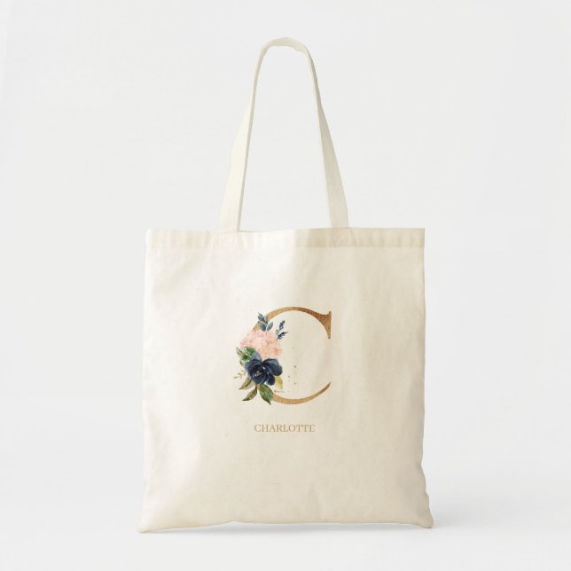 Navy Blush Floral Monogram Letter "C" Personalized Tote Bag (Front)