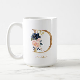 Navy Blush Floral Monogram Letter "D" Personalized Coffee Mug