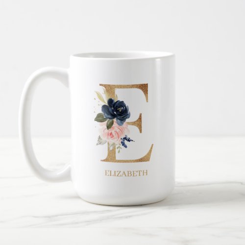 Navy Blush Floral Monogram Letter E Personalized Coffee Mug