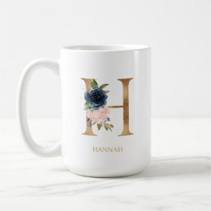 Navy Blush Floral Monogram Letter "H" Personalized Coffee Mug