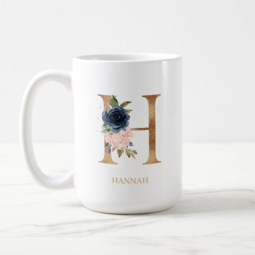 Navy Blush Floral Monogram Letter H Personalized Coffee Mug