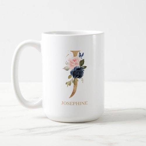 Navy Blush Floral Monogram Letter J Personalized Coffee Mug