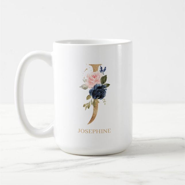 Navy Blush Floral Monogram Letter "J" Personalized Coffee Mug (Left)
