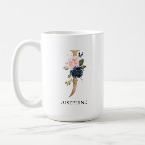 Navy Blush Floral Monogram Letter J Personalized Coffee Mug