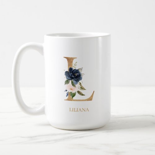 Navy Blush Floral Monogram Letter L Personalized Coffee Mug