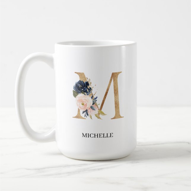 Navy Blush Floral Monogram Letter "M" Personalized Coffee Mug (Left)