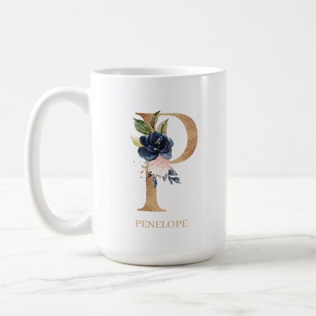 Navy Blush Floral Monogram Letter "P" Personalized Coffee Mug (Left)