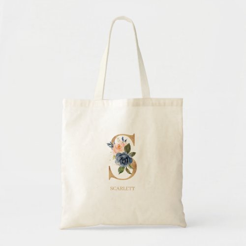 Navy Blush Floral Monogram Letter S Personalized Tote Bag