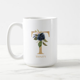 Navy Blush Floral Monogram Letter "T" Personalized Coffee Mug