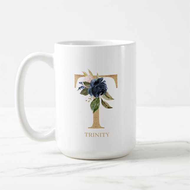 Navy Blush Floral Monogram Letter "T" Personalized Coffee Mug (Left)
