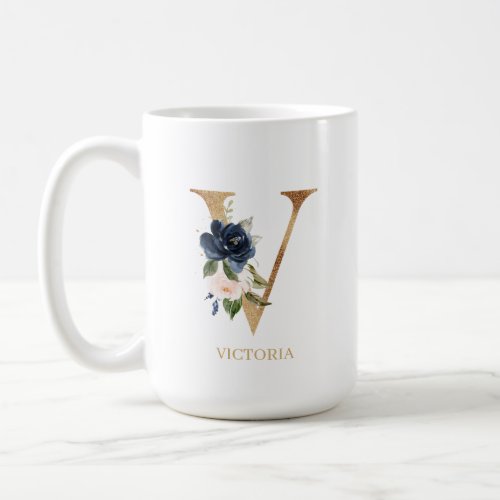 Navy Blush Floral Monogram Letter V Personalized Coffee Mug