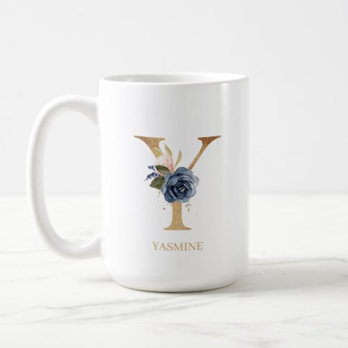 Navy Blush Floral Monogram Letter Y Personalized Coffee Mug