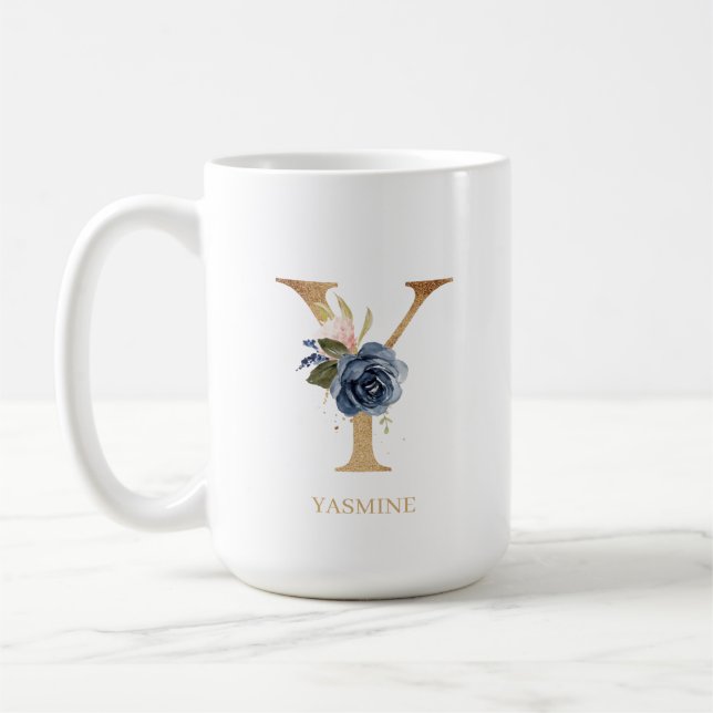 Navy Blush Floral Monogram Letter "Y" Personalized Coffee Mug (Left)
