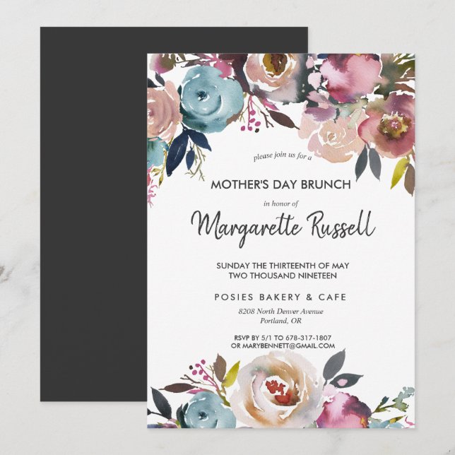 Navy & Blush Floral Mother's Day Brunch Invitation (Front/Back)