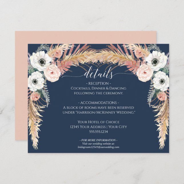 Navy Blush Floral Pampas Grass Wedding Details Invitation (Front/Back)