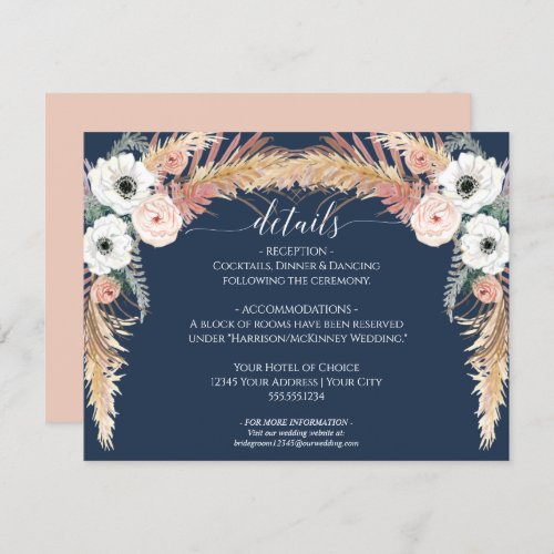 Navy Blush Floral Pampas Grass Wedding Details Invitation